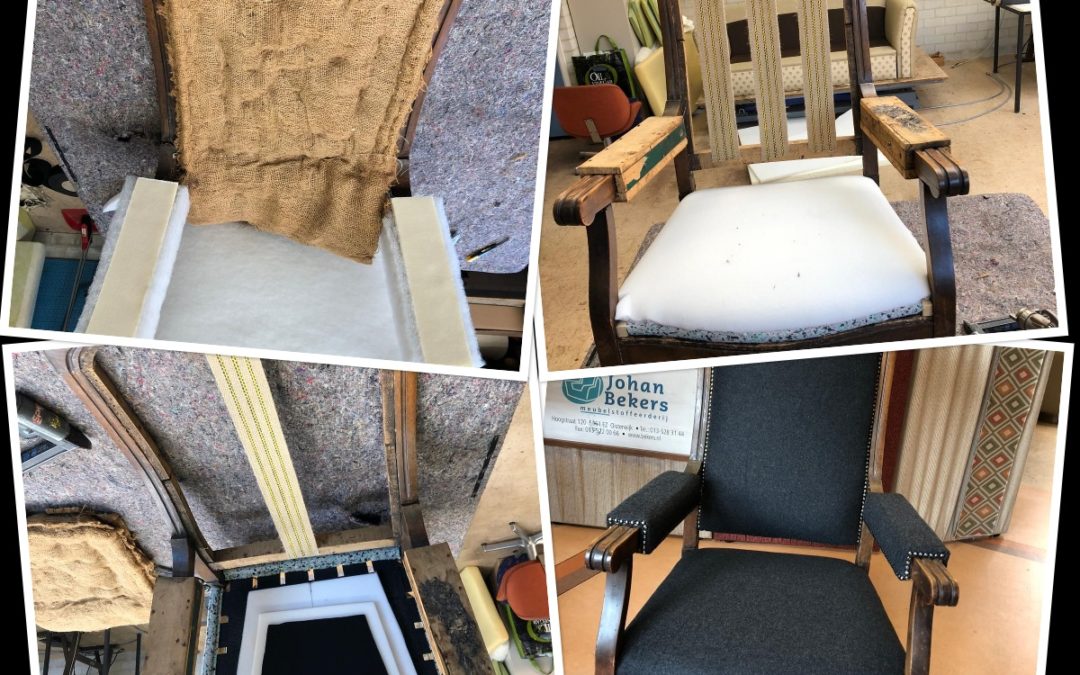 Oude herenfauteuil met hoge rug en relaxsysteem